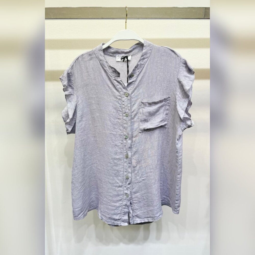 (8093-PRL) SOLID RUFFLE SHORT SLEEVE CHEST POCKET BUTTON DOWN LINEN TOP